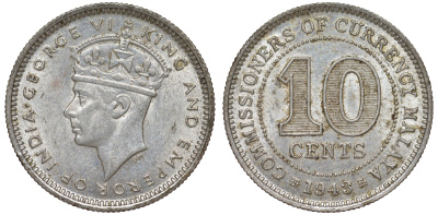 Британская Малайя 10 центов 1943 Георг VI (1937-1952) KM 4a серебро 53-241