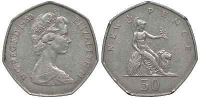 Великобритания 50 пенсов 1969 Елизавета II (1952-2022) KM 913, Spink 4223 (H1) медно-никель 4131-711
