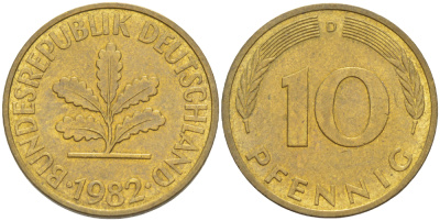 ФРГ 10 ПФЕННИГОВ 1982 D KM 108, J. 383 сталь плакированная латунью 4182-927