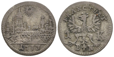 Франкфурт 1 крейцер 1773 BN, городской вид KM 253, J.u.F. 880 серебро 54-1039