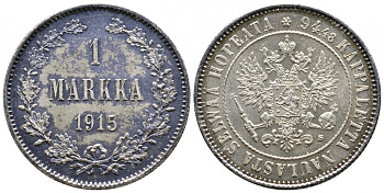 Россия для Финляндии 1 марка 1915 S, Николай II (1894-1917) KM 3.2, Биткин 401 серебро 00-00