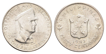 Филиппины 50 сентаво 1947 Генерал Дуглас Макартур KM 184 серебро UNC 1524-2045