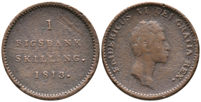 ДАНИЯ 1 РИГСБАНКСКИЛЛИНГ 1813 ФРBДЕРИК VI (1808-1839) KM 680 (C93) медь 32-332