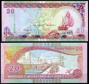Мальдивские острова 20 руфий 2008 АН1430, парусник, порт Pick 20 c  бумага  UNC (пресс) 7554-18-2-2