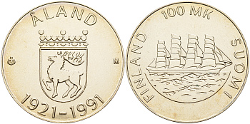 Финляндия 100 марок 1991 70 лет автономии Аландских островов, парусник KM 70 серебро UNC 1066-4-51
