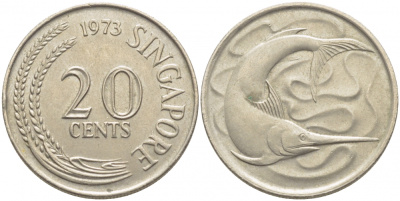 СИНГАПУР 20 ЦЕНТОВ 1973 ГОЛУБОЙ МАРЛИН, ТУНЕЦ KM 4 медно-никель 3856-945