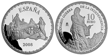Испания 10 евро 2008 200 лет войне за независимость, Тимбалер дель Брук, коробка, сертификат серебро PROOF 3-6-1-34