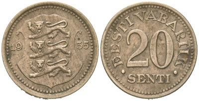 Эстония 20 центов 1935 Республика (1918-1941) KM 17 никель бронза 4615-1124