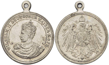 ПРУССИЯ МЕДАЛЬ ND ВИЛЬГЕЛЬМ II КОРОЛЬ ПРУССИИ, С УШКОМ ДЛЯ НОШЕНИЯ, ДИАМЕТР 27 ММ. белый металл 4527-935