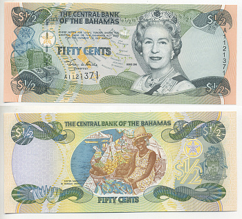 Багамские острова 50 центов (1/2 доллара) 2001 Елизавета II (1953- ) Pick 68 бумага UNC (пресс) 7220-36-3
