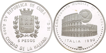 Куба 5 песо 1989 чемпионат мира по футболу в Италии 1990 года, Колизей KM 226.1 серебро PROOF 1071-1-51