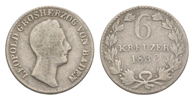 Баден 6 крейцеров 1833 Леопольд (1830-1852) KM 198 серебро 4604-1033