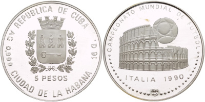 Куба 5 песо 1989 чемпионат мира по футболу в Италии 1990 года, Колизей KM 226.1 серебро PROOF 1071-1-51