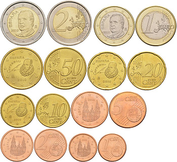 Испания евронабор из 8 монет 2010 1, 2, 5, 10, 20, 50 евроцентов, 1 и 2 евро KM 1040, 1041, 1042, 1070, 1071, 1072, 1073, 1074 UNC 183-541