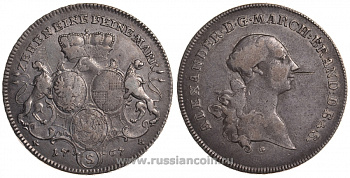 Бранденбург-Ансбах 1 талер 1767 G/S-KK, Карл Александр (маркграф Бранденбург-Ансбаха) KM 280, Dav. 1998 серебро 00-814-53