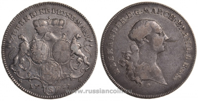 Бранденбург-Ансбах 1 талер 1767 G/S-KK, Карл Александр (маркграф Бранденбург-Ансбаха) KM 280, Dav. 1998 серебро 00-814-53