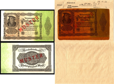 Германия 50000 марок 1922 19 ноября, MUSTER, образец, Specimen. В оригинальном банковском конверте. Из коллекции Отто Сейфферта (помощник Ялмара Шахта - министра экономики Германии и президента Рейхсбанка времен третьего рейха) Pick 79 s, Grabowski DEU 90