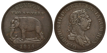Цейлон 2 стивера 1815 слон, Георг III, без розы KM 82.1 медь 1528-913