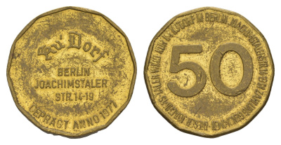 Германия жетое для проезда на трассу в 50 пфеннигов "berlin joachimsthaler" диаметр 23 мм, вес 8,1 гр латунь 4656-417