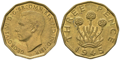 Великобритания 3 пенса 1945 Георг VI (1936-1952) KM 849, Spink 4112 никель латунь UNC 4163-647