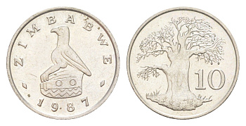 Зимбабве 10 центов 1987 птица-идол, баобаб KM 3 медно-никель UNC 4651-859