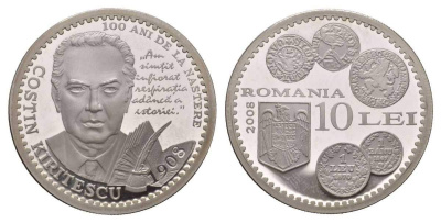 Румыния 10 леев 2008 100 лет со дня рождения Костину Киритеску, тираж 500 экземпляров KM 244 серебро PROOF 11-161-13