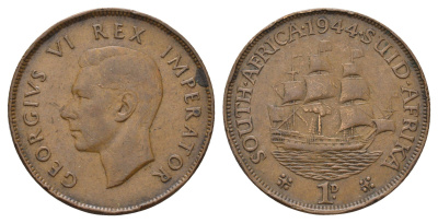 ЮАР 1 пенни 1944 Георг VI (1936-1952) KM 25 бронза 4123-832