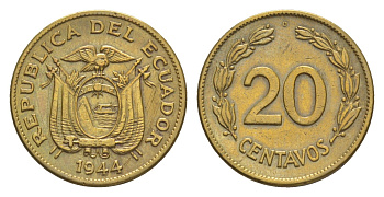 Эквадор 20 сентаво 1944 KM 77.1a латунь 4640-1219