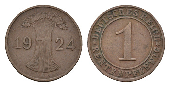 Германия 1 рентенпфенниг 1924 A KM 30, J. 306 бронза 4685-414