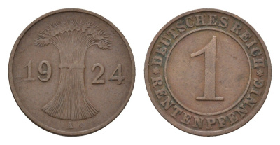 Германия 1 рентенпфенниг 1924 A KM 30, J. 306 бронза 4685-414