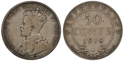 Ньюфаундленд 50 центов 1918 С, Георг V (1910-1936) KM 12 серебро 4044-931