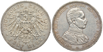 Пруссия 5 марок 1913 Вильгельм II в мундире KM 536, J.114 серебро 413-5521