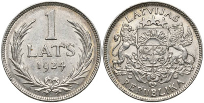 Латвия 1 лат 1924 Первая республика (1918-1939) KM 7 серебро 27-1234