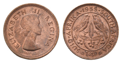 ЮАР 1/4 пенни (фартинг) 1955 Елизавета II (1952-2022) KM 44 бронза UNC 4690-924