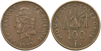 Французская Новая Каледония 100 франков 1999 хижина среди сосен и пальм, (IEOM) KM 15, Schoen 16, Lec 139c никель бронза 4680-1033