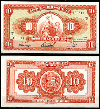 Перу 10 солей 1966 сидящая свобода, Thomas de la Rue Pick 84 a  бумага  аUNC 444-143-2-1