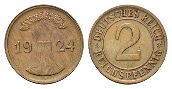 Германия 2 рейхспфеннига 1924 D KM 38 бронза 4685-663
