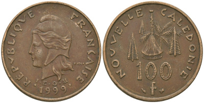 Французская Новая Каледония 100 франков 1999 хижина среди сосен и пальм, (IEOM) KM 15, Schoen 16, Lec 139c никель бронза 4680-1033
