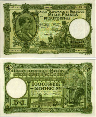 БЕЛЬГИЯ 1000 ФРАНКОВ = 200 БЕЛГА 1944 8 ФЕВРАЛЯ 1944, ПРТРЕТ КОРОЛЯ АЛЬБЕРТА И КОРОЛЕВЫ ЕЛИЗАВЕТЫ Pick 110 бумага XF-UNC 8607-89-1