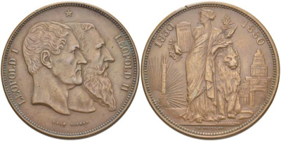 Бельгия 5 франков 1880 50 лет независимости (1830-1880) Леопольд I и Леопольд II, вес 24,98 гр. KM M9a медь 413-1845