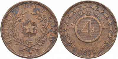 ПАРАГВАЙ 4 СЕНТЕСИМО 1870 KM 4.1 медь 413-1423