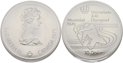 Канада 10 долларов 1975 XXI летние Олимпийские игры в Монреале 1976 года, гребля на каяке KM 105 серебро UNC 11-181-22