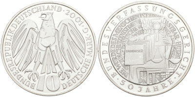 ФРГ 10 марок 2001 G, 50 лет Федерального Конституционного суда Германии KM 206 серебро UNC 4111-424