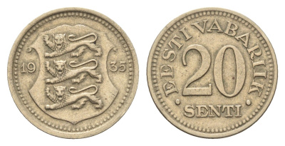 Эстония 20 сентов 1935 год-тип KM 17 никель латунь 4668-626