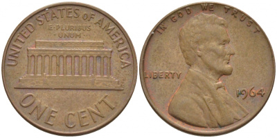 США 1 ЦЕНТ 1964 ЛИНКОЛЬН KM 201 медь цинк 3851-1037