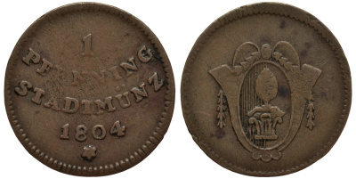 Аугсбург 1 пфенниг 1804 свободный город, городской выпуск KM 191 медь 1517-641