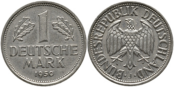 ФРГ 1 марка 1950 J, KM 110, J. 385 медно-никель 51-824