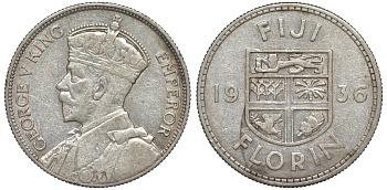 Фиджи 1 флорин 1936 Георг V (1910-1936), герб Фиджи KM 5 серебро    1531-943