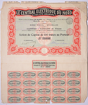 Бельгия, Брюссель акция в 100 франков 1905 LE CENTRAL ELECTRIQUE DU NORD, с купонами   бумага   5547-17-1-1