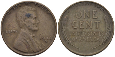 США 1 ЦЕНТ 1946 S, ЛИНКОЛЬН KM А132 медь цинк 26-946